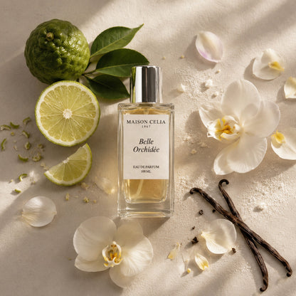 Belle Orchidée Eau de Parfum de Maison Celia envuelto de sus notas olfativas de bergamota, orquídea y vainilla