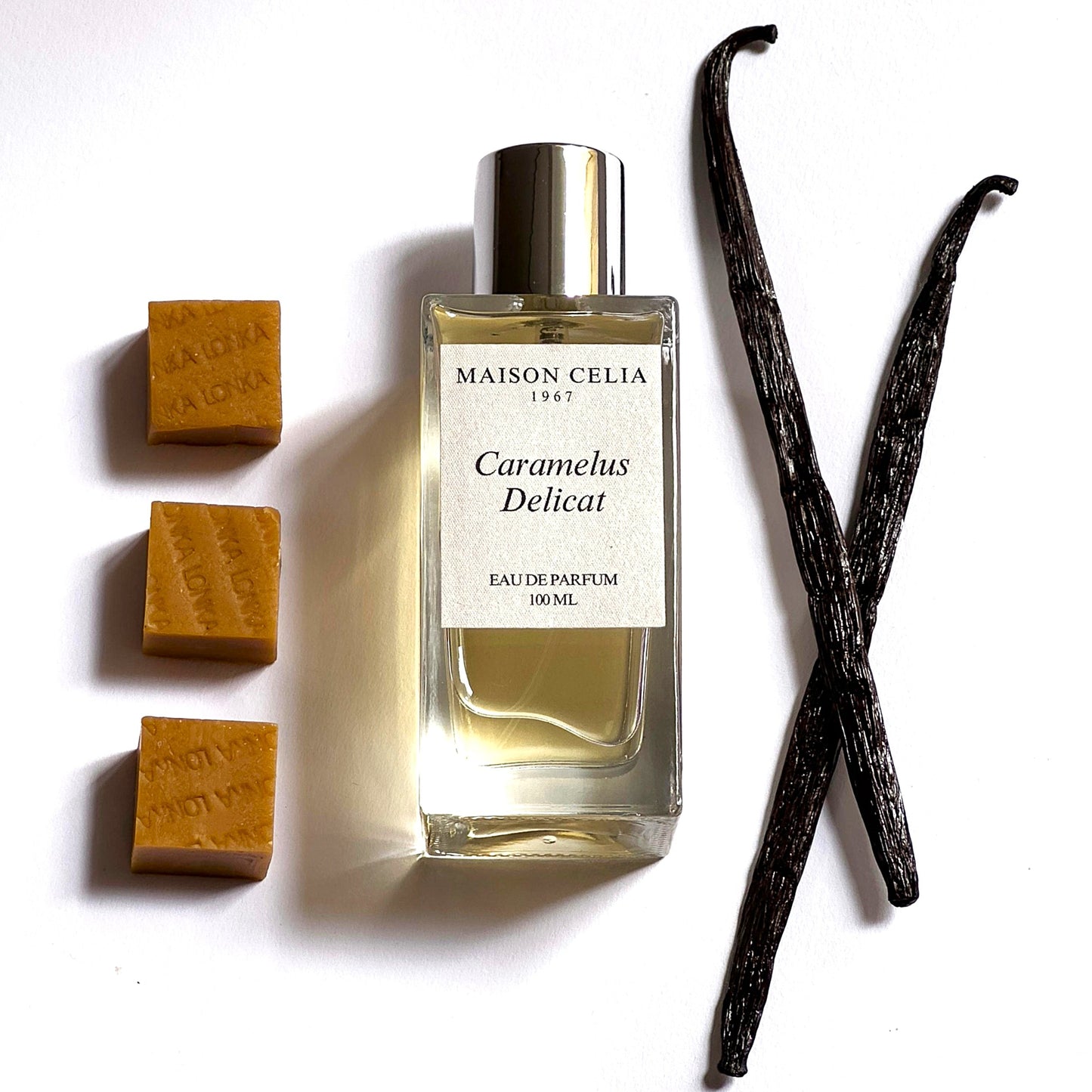 Caramelus Delicat con notas de caramelo y vainilla en un perfume gourmand de MAISON CELIA