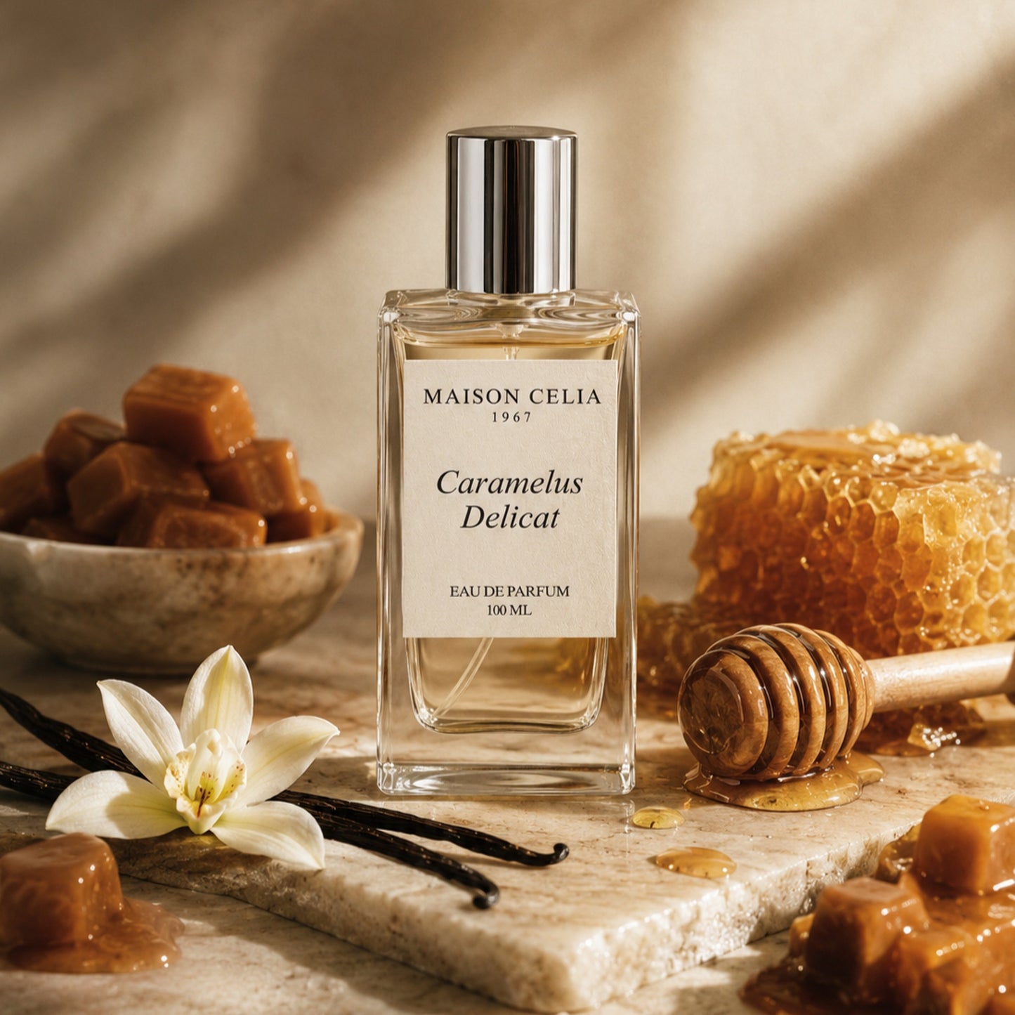 Caramelus Delicat Eau de Parfum de Maison Celia envuelto de caramelo, miel y vainilla