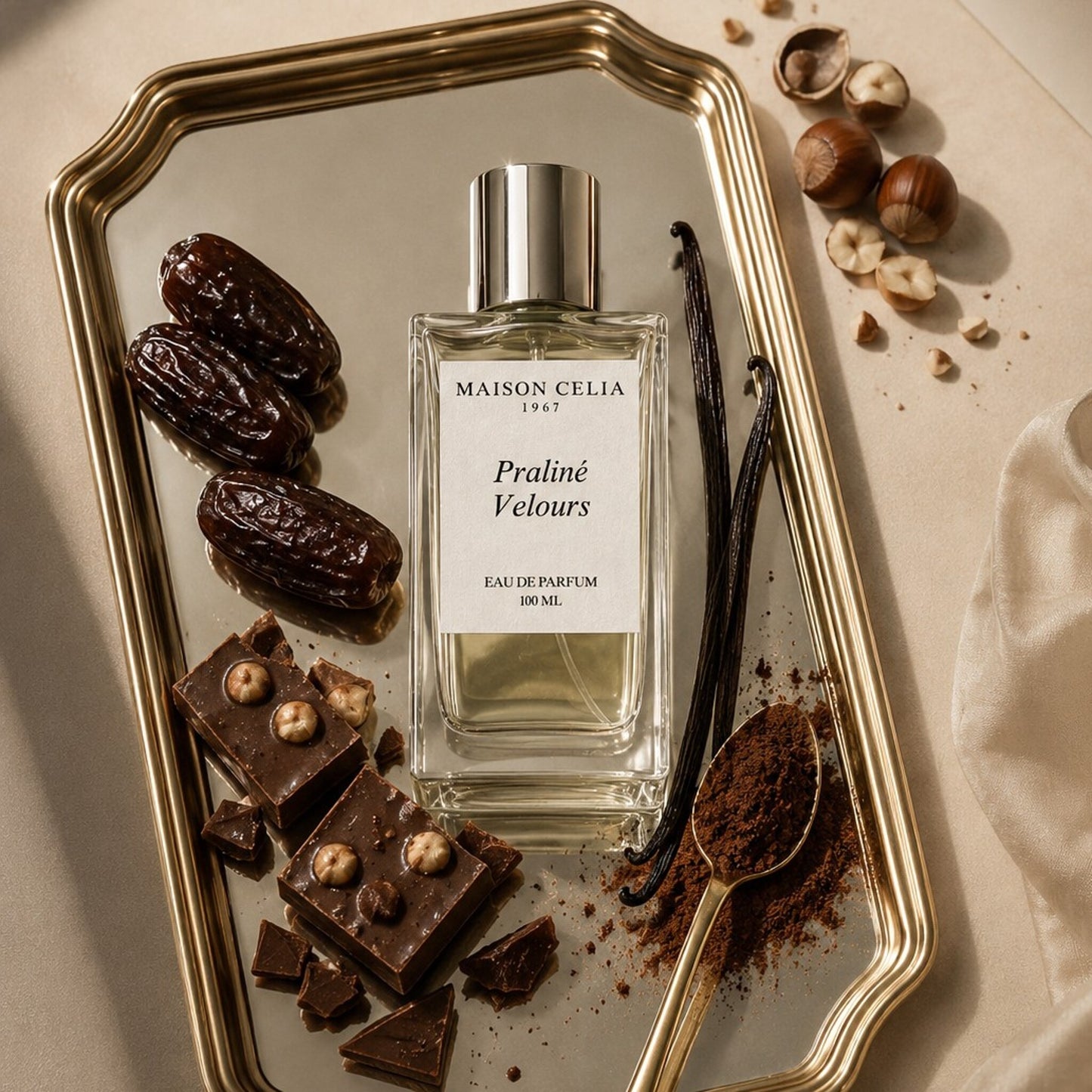 Praliné Velours Eau de Parfum de Maison Celia sensorial con notas olfativas de dátiles, praliné y haba tonka