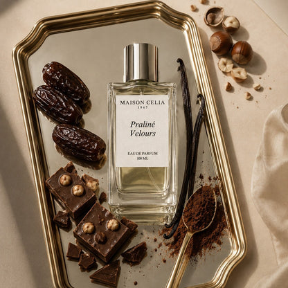 Praliné Velours Eau de Parfum de Maison Celia sensorial con notas olfativas de dátiles, praliné y haba tonka