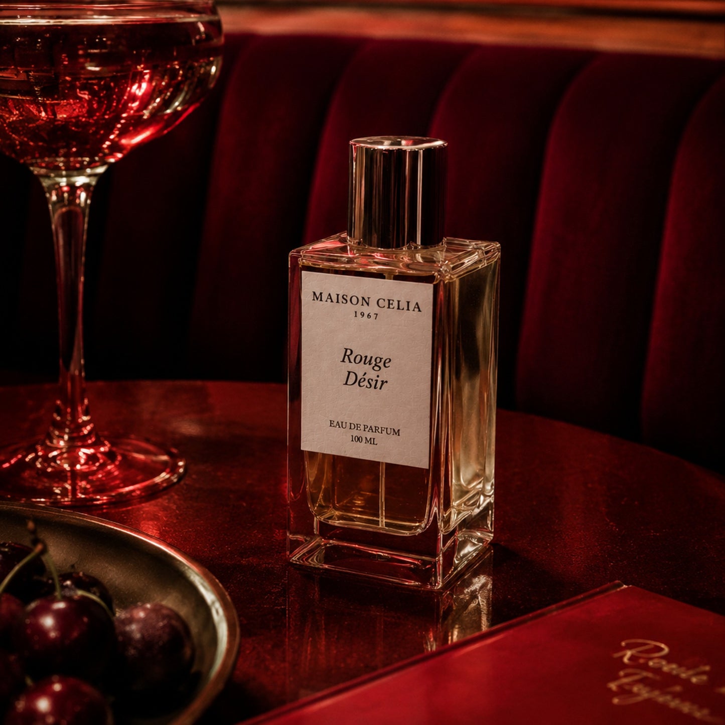Rouge Désir Eau de Parfum de Maison Celia en restaurante de lujo en París