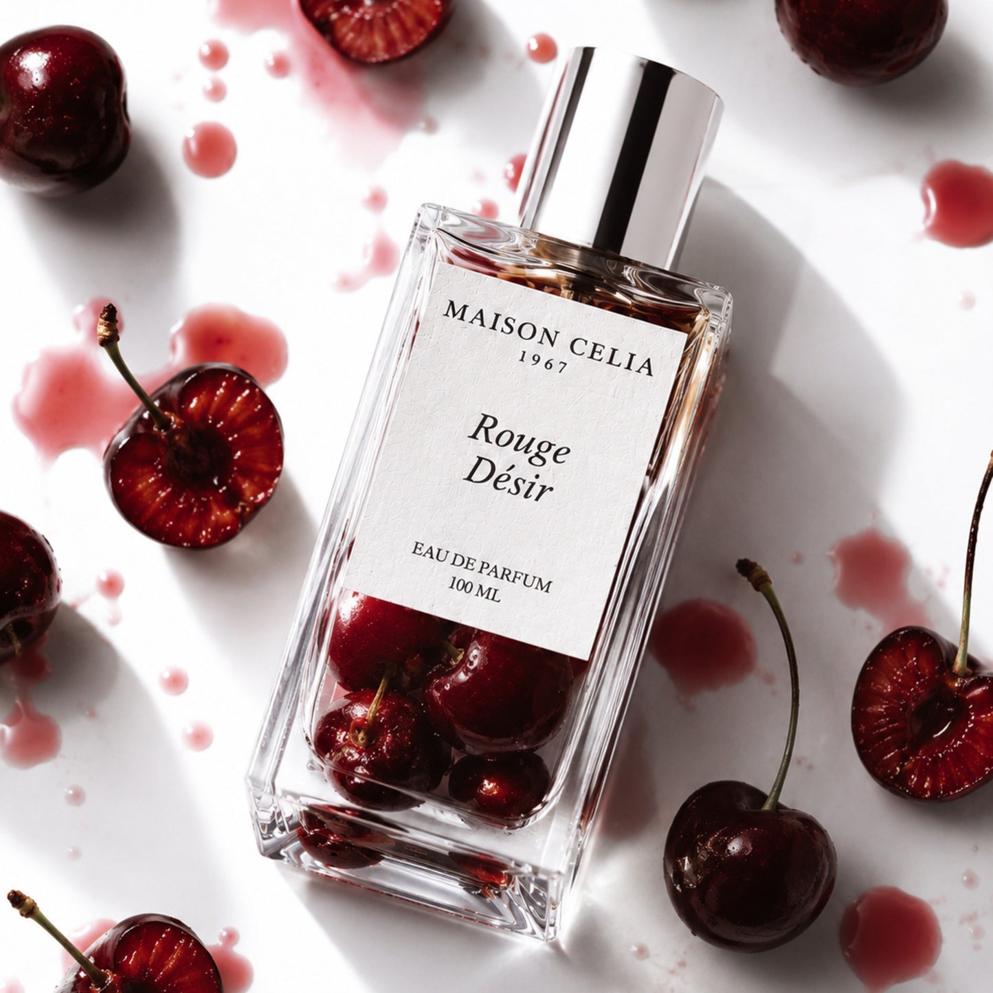Rouge Désir Eau de Parfum de Maison Celia sensorial con cerezas dentro del frasco
