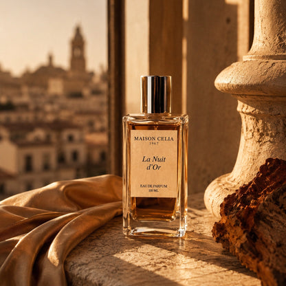 La Nuit d'Or Eau de Parfum de Maison Celia en un atardecer mágico